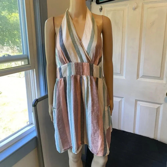 American Eagle Striped Cotton Linen Halter Mini Dress Beach Summer Pocket L - Picture 5 of 9